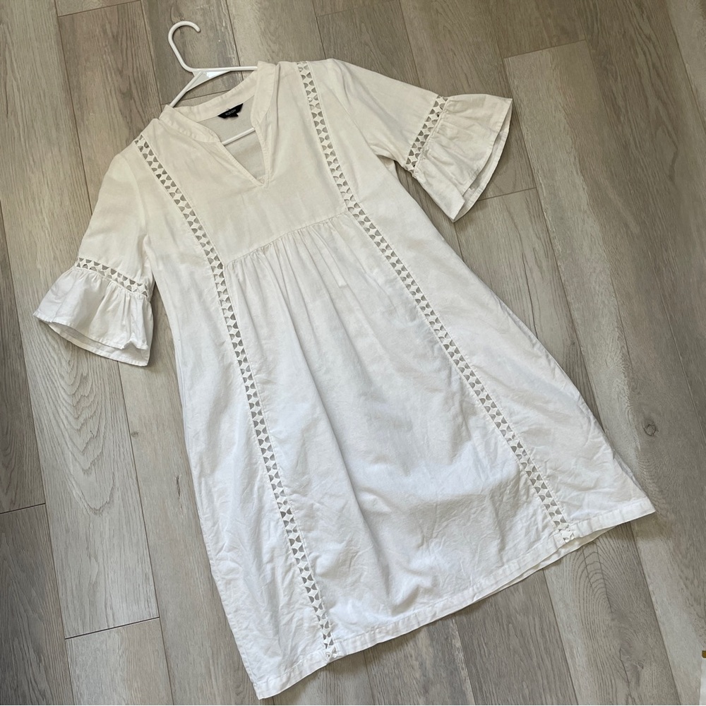 Floryday Linen Dress hollow lace mini White (small) flare sleeve minimalist